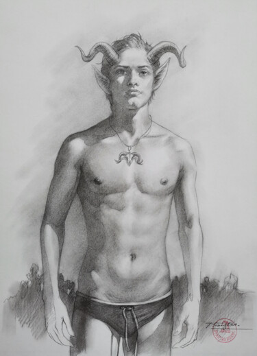 Drawing titled "Male nude#22212" by Hongtao Huang, Original Artwork, Pencil