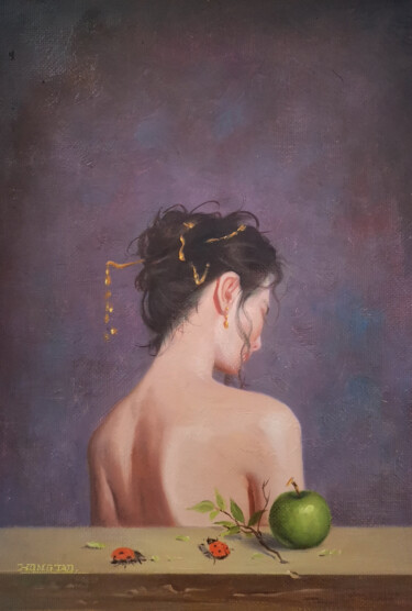 Malerei mit dem Titel "Green apple" von Hongtao Huang, Original-Kunstwerk, Öl