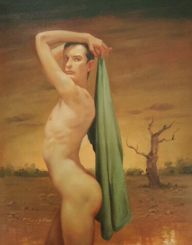 Peinture intitulée "Green bath towel" par Hongtao Huang, Œuvre d'art originale, Huile