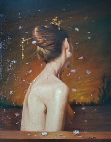 Peinture intitulée "The  dandelion girl" par Hongtao Huang, Œuvre d'art originale, Huile