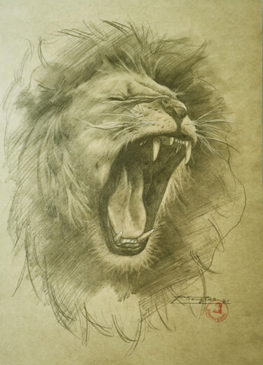 Drawing titled "Lion king" by Hongtao Huang, Original Artwork, Pencil