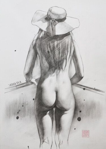 Dessin intitulée "A girl in a hat" par Hongtao Huang, Œuvre d'art originale, Crayon
