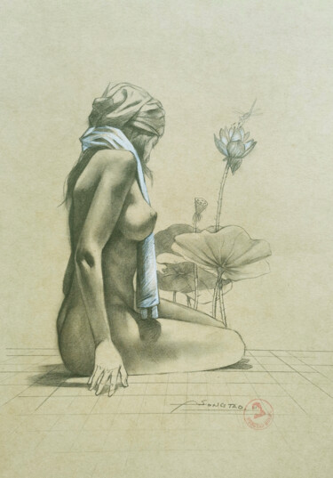Rysunek zatytułowany „Lotus and Dragonfly” autorstwa Hongtao Huang, Oryginalna praca, Ołówek
