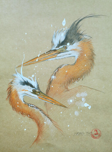 Рисунок под названием "A pair of herons" - Hongtao Huang, Подлинное произведение искусства, Карандаш