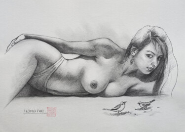 Dibujo titulada "Sparrows foraging f…" por Hongtao Huang, Obra de arte original, Lápiz