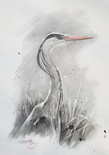 Dessin intitulée "Grey Heron" par Hongtao Huang, Œuvre d'art originale, Crayon