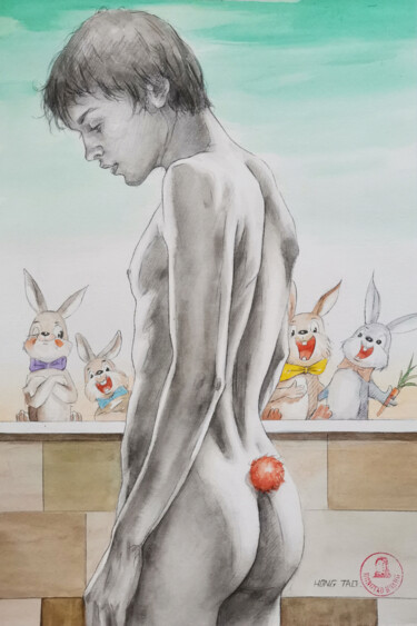 Malerei mit dem Titel "Rabbit's Happiness" von Hongtao Huang, Original-Kunstwerk, Aquarell