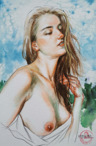 Malerei mit dem Titel "Blue sky" von Hongtao Huang, Original-Kunstwerk, Aquarell