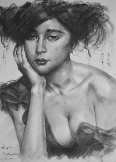 Desenho intitulada "DRAWING PORTRAIT OF…" por Hongtao Huang, Obras de arte originais, Carvão