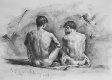 Zeichnungen mit dem Titel "DRAWING  MALE NUDE…" von Hongtao Huang, Original-Kunstwerk, Kohle