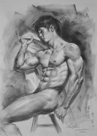 Zeichnungen mit dem Titel "DRAWING  MALE NUDE…" von Hongtao Huang, Original-Kunstwerk, Kohle