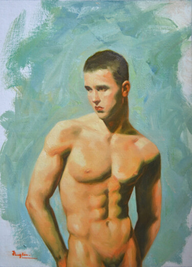 Painting titled "OIL MALE NUDE #11091" by Hongtao Huang, Original Artwork, Oil