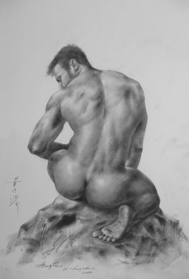 Dessin intitulée "DRAWING  MAN CHARCO…" par Hongtao Huang, Œuvre d'art originale, Crayon