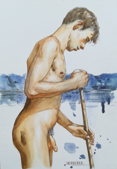 Painting titled "WATERCOLOR MALE NUD…" by Hongtao Huang, Original Artwork, Watercolor