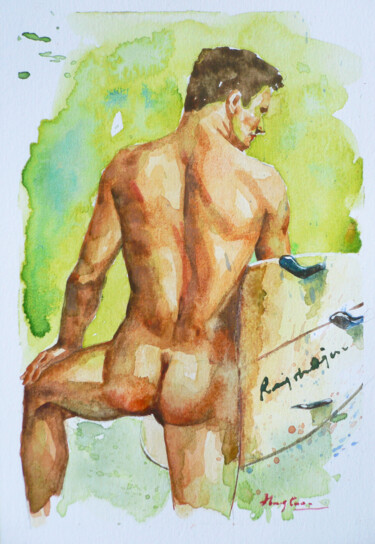 Painting titled "WATERCOLOR MALE NUD…" by Hongtao Huang, Original Artwork, Watercolor