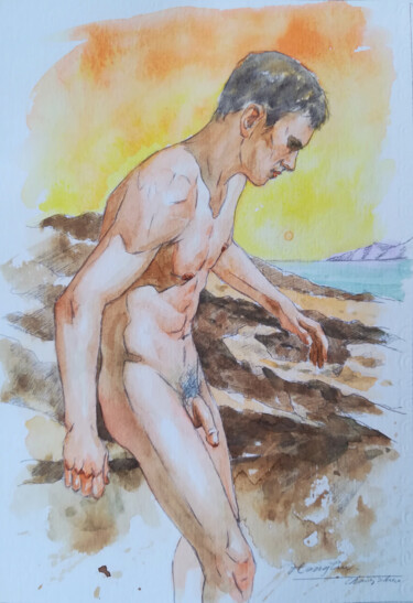 Painting titled "WATERCOLOR  MALE NU…" by Hongtao Huang, Original Artwork, Watercolor