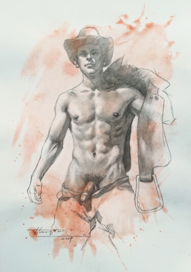 Drawing titled "Cowboy#1964" by Hongtao Huang, Original Artwork, Charcoal