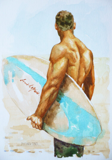 Painting titled "watercolor male nud…" by Hongtao Huang, Original Artwork, Watercolor