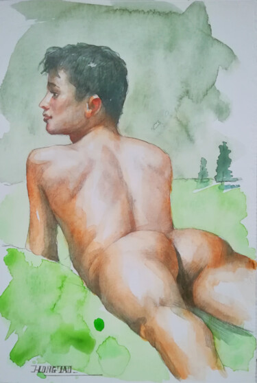 Картина под названием "watercolor male nud…" - Hongtao Huang, Подлинное произведение искусства, Акварель