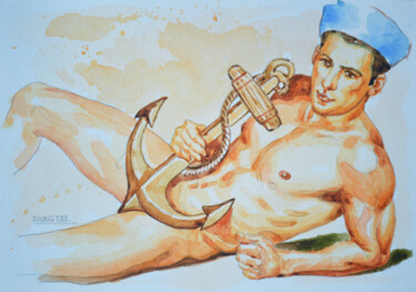 Painting titled "watercolor male nud…" by Hongtao Huang, Original Artwork, Watercolor