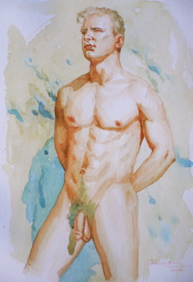 Pintura titulada "watercolour male nu…" por Hongtao Huang, Obra de arte original, Acuarela