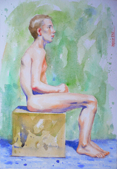 Painting titled "WATERCOLOR BOY #170…" by Hongtao Huang, Original Artwork, Watercolor