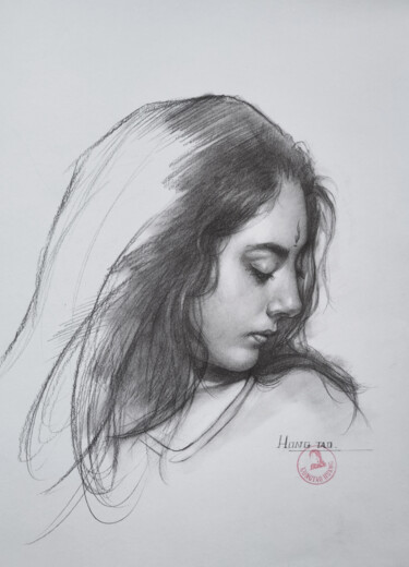 Drawing titled "Portrait of Lady#22…" by Hongtao Huang, Original Artwork, Pencil