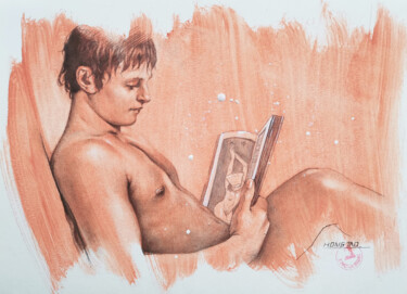 Drawing titled "Reading art books" by Hongtao Huang, Original Artwork, Charcoal