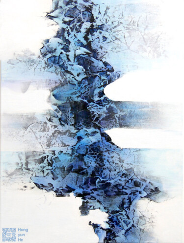 Painting titled "Blue Ray" by Hongyun He, Original Artwork, Ink Mounted on Wood Panel