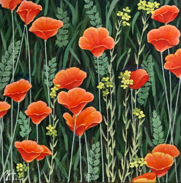 Painting titled "Wild Poppies" by Hongz Neher, Original Artwork, Acrylic Mounted on Wood Stretcher frame