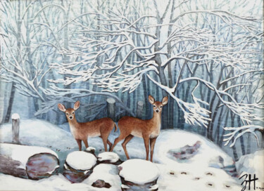 Schilderij getiteld "Deer in Winter" door Hongz Neher, Origineel Kunstwerk, Acryl Gemonteerd op Frame voor houten brancard