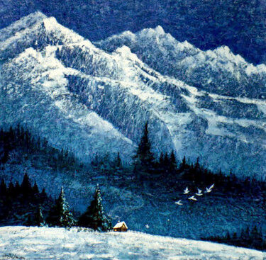 Pittura intitolato "Mountain Moon Night" da Hongz Neher, Opera d'arte originale, Acrilico