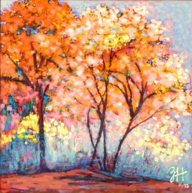 Painting titled "Autumn Forest" by Hongz Neher, Original Artwork, Acrylic Mounted on Wood Stretcher frame