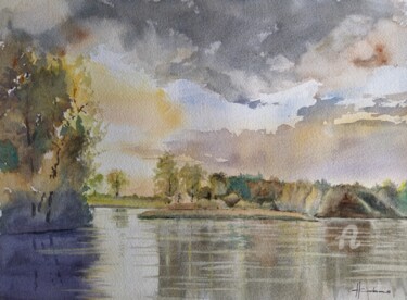 Painting titled "Golden Sunset" by Horacio Cobas, Original Artwork, Watercolor