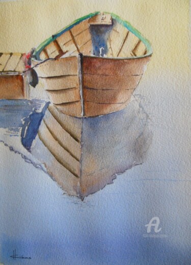 Painting titled "Moored on the River" by Horacio Cobas, Original Artwork, Watercolor