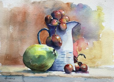 Painting titled "Pears and Grapes in…" by Horacio Cobas, Original Artwork, Watercolor