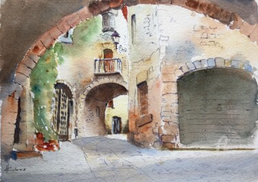 Painting titled "Stone Street" by Horacio Cobas, Original Artwork, Watercolor