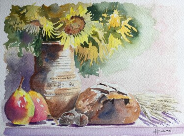 Painting titled "Bread and Sunflowers" by Horacio Cobas, Original Artwork, Watercolor