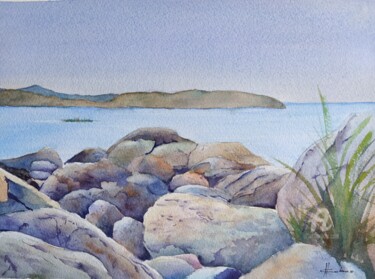 Painting titled "Rocks by the Ocean" by Horacio Cobas, Original Artwork, Watercolor