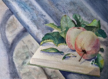 Painting titled "Book and Apples" by Horacio Cobas, Original Artwork, Watercolor
