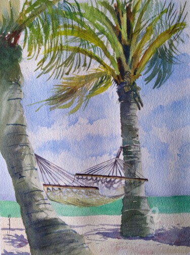 Schilderij getiteld "Beach Hammock" door Horacio Cobas, Origineel Kunstwerk, Aquarel