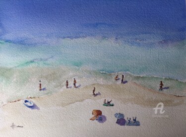 Schilderij getiteld "Sunny Beach" door Horacio Cobas, Origineel Kunstwerk, Aquarel