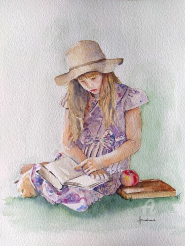 Painting titled "Girl Reading Outdoo…" by Horacio Cobas, Original Artwork, Watercolor