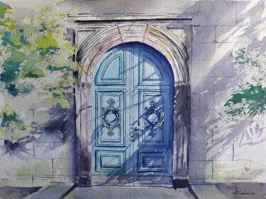 Malerei mit dem Titel "Blue Door" von Horacio Cobas, Original-Kunstwerk, Aquarell