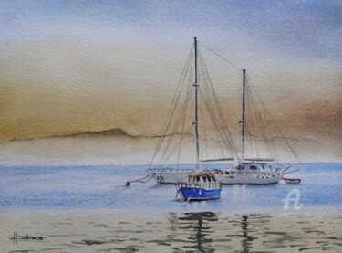 Painting titled "Sailing at the Bay" by Horacio Cobas, Original Artwork, Watercolor