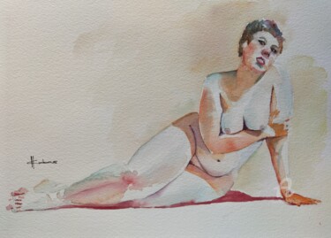 Painting titled "Contemplative Nude" by Horacio Cobas, Original Artwork, Watercolor