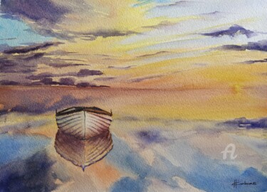 Painting titled "Boat at Sunset" by Horacio Cobas, Original Artwork, Watercolor