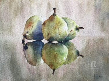 Painting titled "Pears Side by Side" by Horacio Cobas, Original Artwork, Watercolor