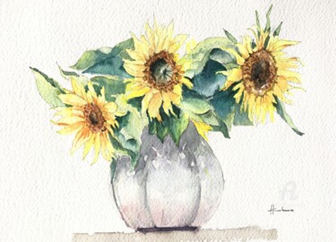 Painting titled "Sunflowers Bouquet" by Horacio Cobas, Original Artwork, Watercolor