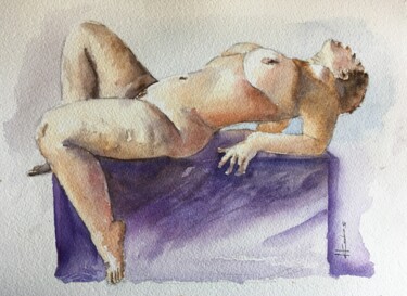 Painting titled "Reclining Nude" by Horacio Cobas, Original Artwork, Watercolor